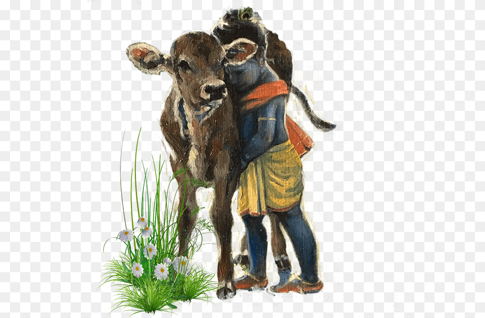 Krishna Painting With Cow, Person, Mammal, Livestock, Animal Free Png