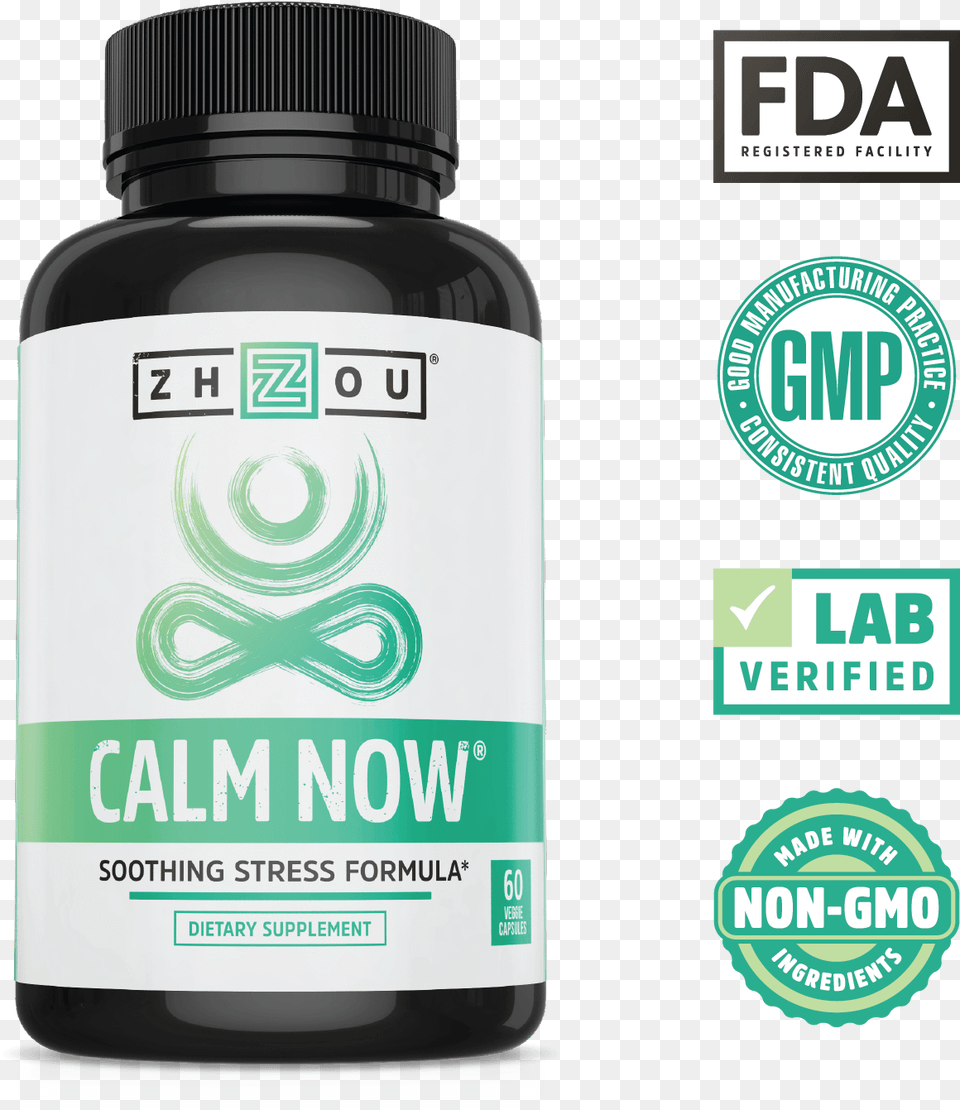Lab Verified Non Gmo Calm Now Soothing Stress Formula Zhou Nutrition, Bottle, Shaker, Astragalus, Flower Free Png