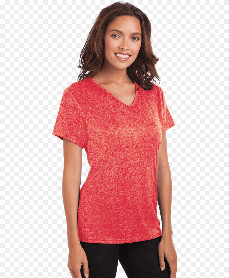 Ladies Heathered Wicking Tee Coral T Shirt Women, Adult, T-shirt, Person, Woman Png