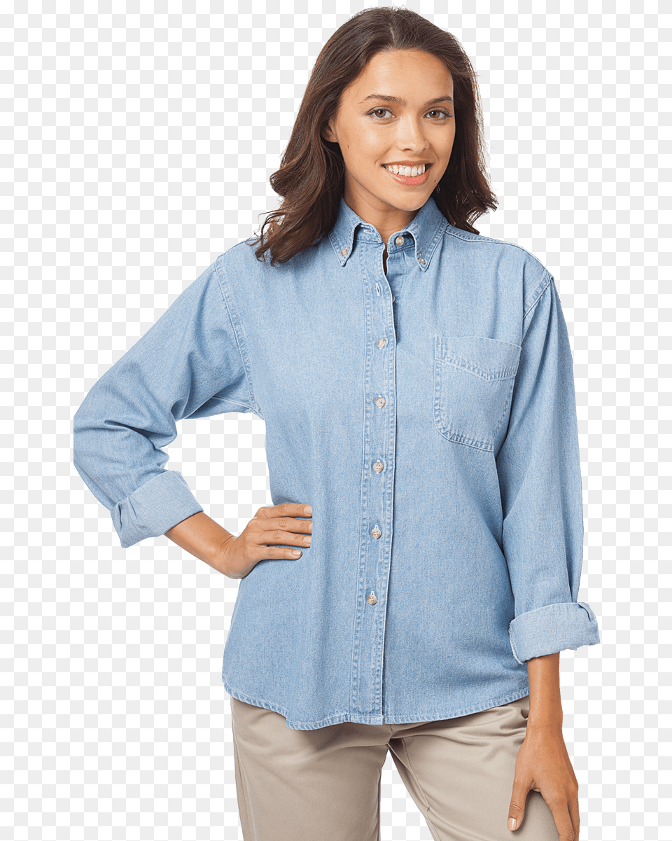 Ladies Long Sleeve Premium Denim Pocket, Long Sleeve, Blouse, Clothing, Shirt Free Png