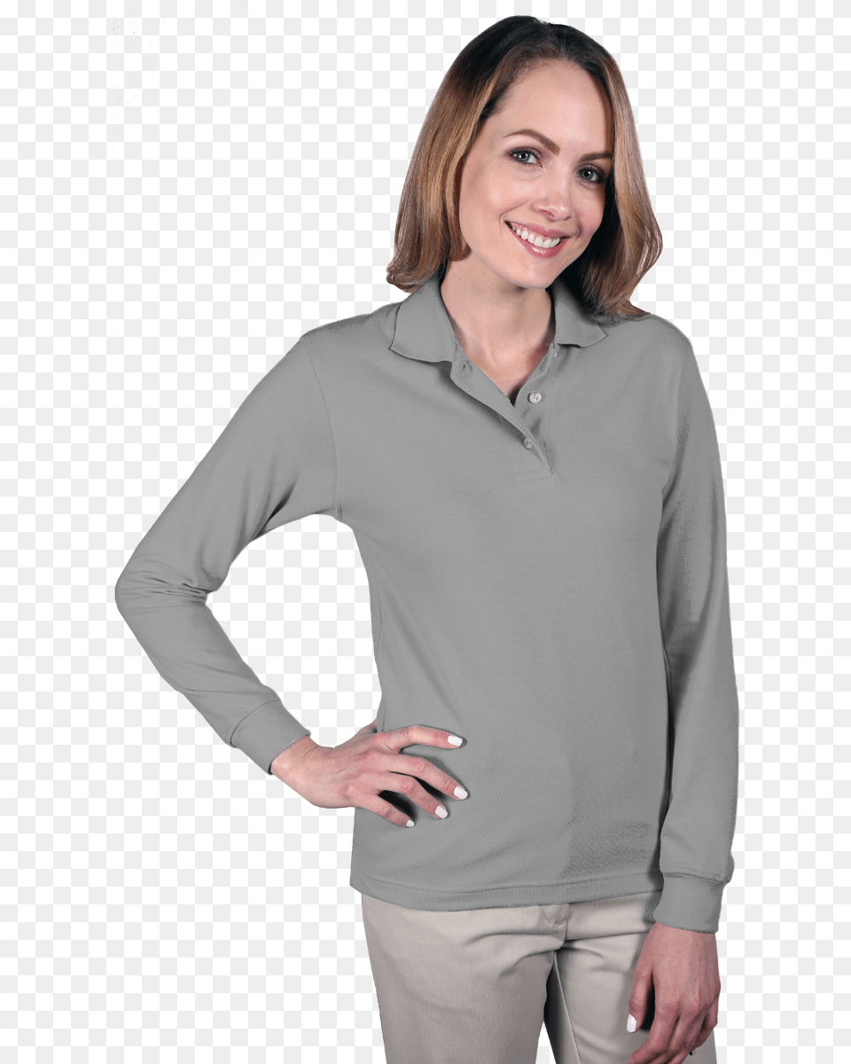 Ladies Long Sleeve Superblend Pique Polo Shirt, Adult, Person, Long Sleeve, Woman Free Png Download