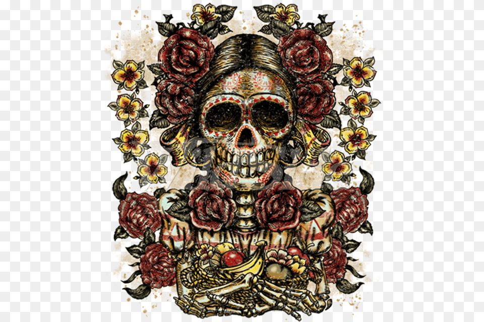 Lady Face Roses Flowers Day Of The Dead Aztec Skulls, Art, Painting, Rose, Plant Free Transparent Png