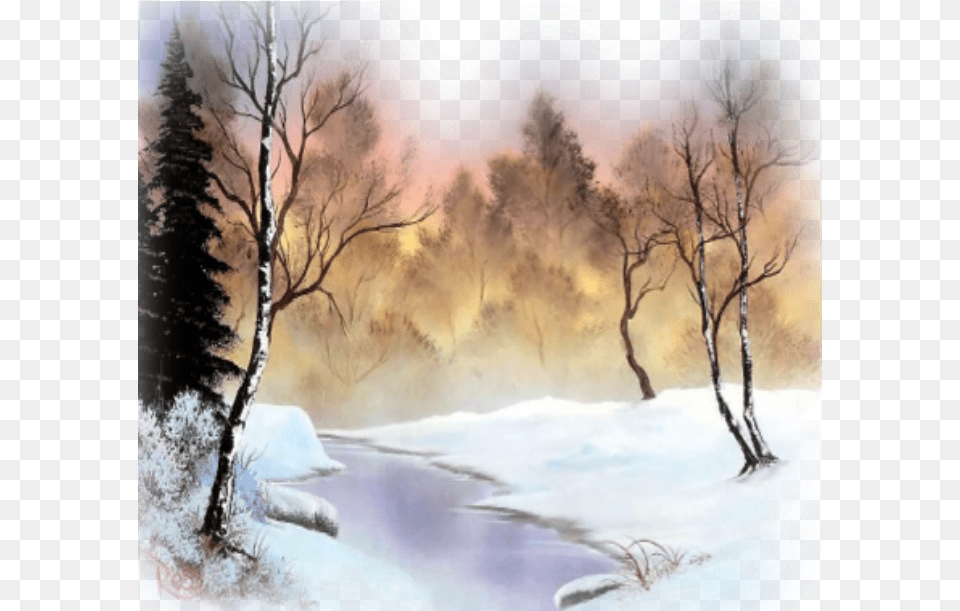 Landscape Background Wallpaper Nature Snow Snowday Bob Ross Winter Painting Hd, Art, Tree, Plant, Outdoors Png Image