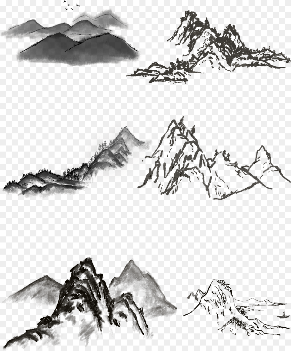 Landscape Chinese Painting Freehand Brush Black White Chinese Brush Painting Black, Nature, Night, Outdoors Free Transparent Png