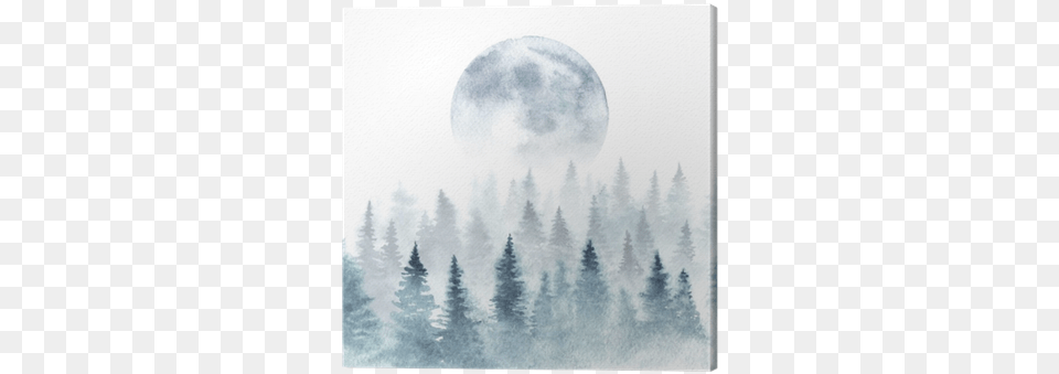 Landscape Of A Winter Forest And Rising Moon Moon Watercolor Forest, Weather, Tree, Plant, Outdoors Png Image