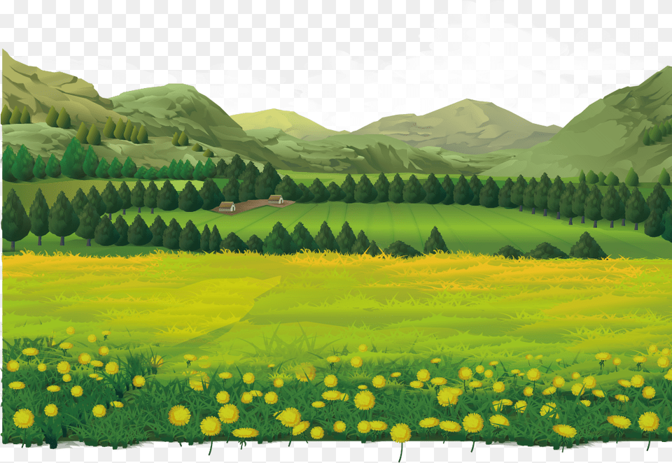 Landscape Theatrical Rural Field Flowers Landscape Illustration Spring, Countryside, Scenery, Outdoors, Nature Free Png