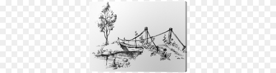 Landscape With Suspended Bridge Over River Sketch Canvas Line Drawing Landscapes Or Ocean Scenes, Art Png