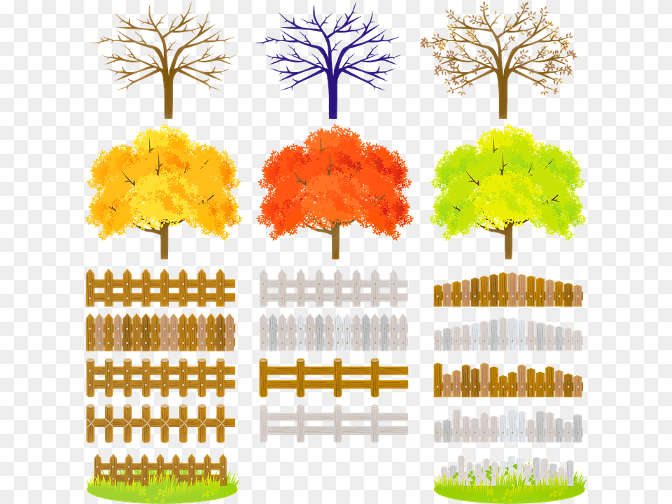 Landscaping Trees Fence Grass Bare Tree Fall Trees, Picket, Plant Free Transparent Png