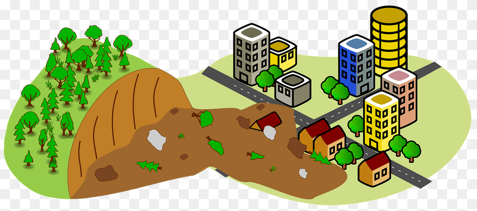 Landslide Near The City Clipart, Urban, Neighborhood, Person, Bulldozer Png