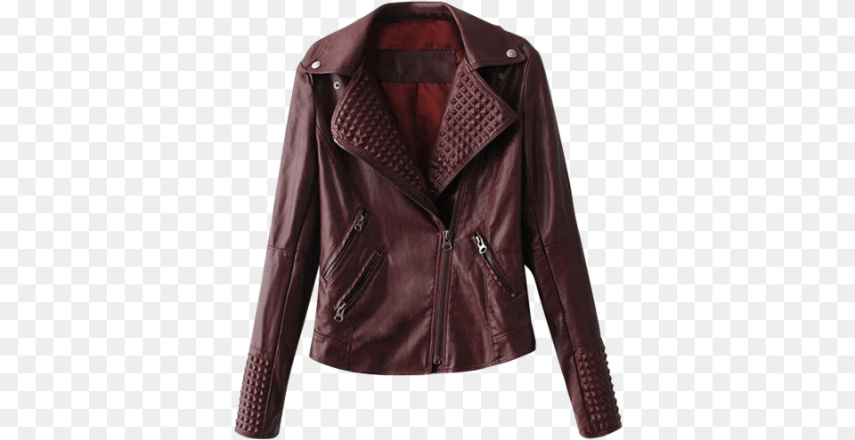 Lapel Collar Zippered Biker Jacket Dark Red Leather Jacket, Clothing, Coat, Leather Jacket Png Image