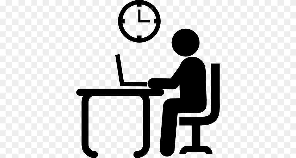 Laptop Clock Desk Humanpictos Man Sitting Study Studying, Gray Free Png