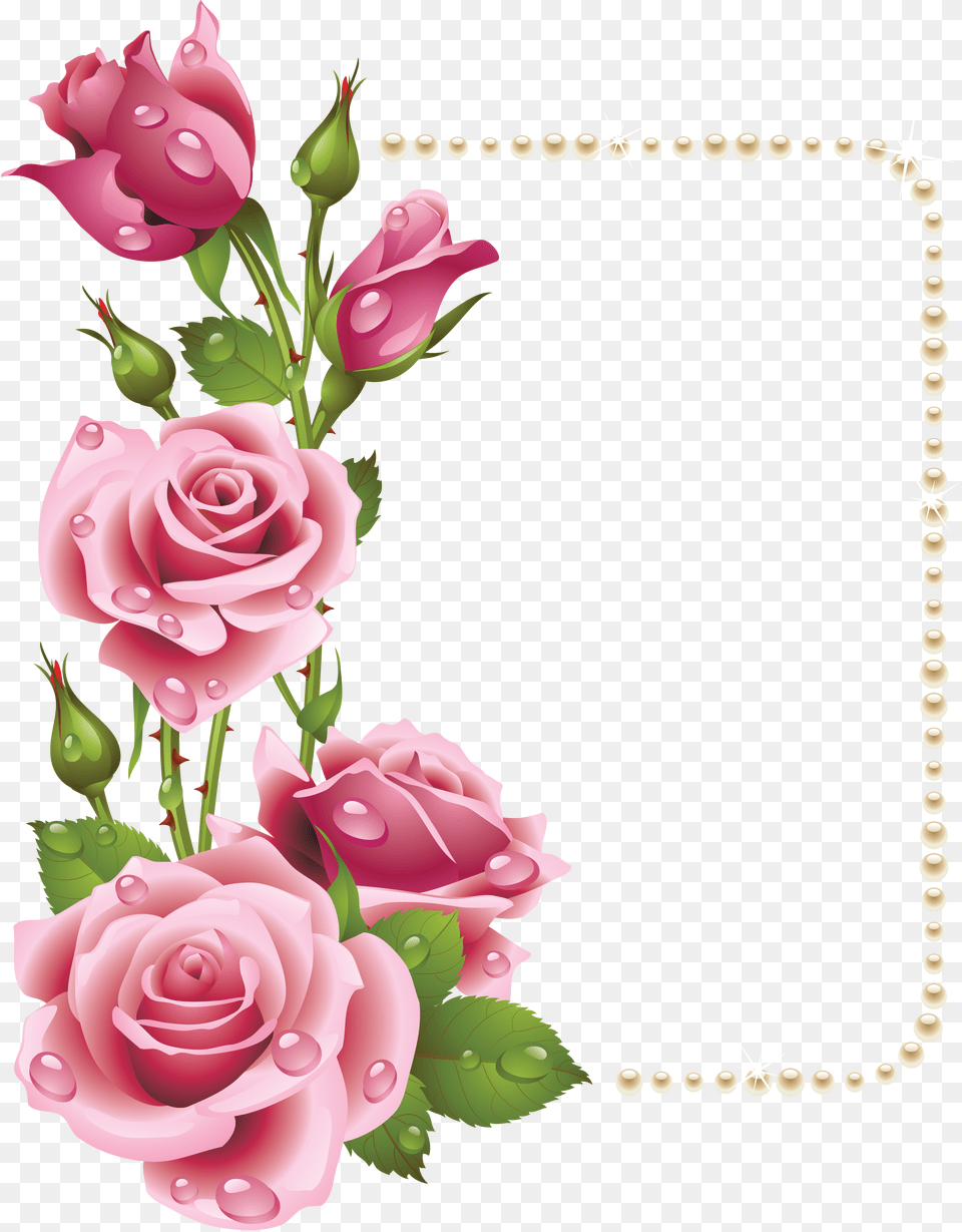 Large Transparent Frame With Pink Roses And Pearls Frams, Flower, Plant, Rose, Art Free Png