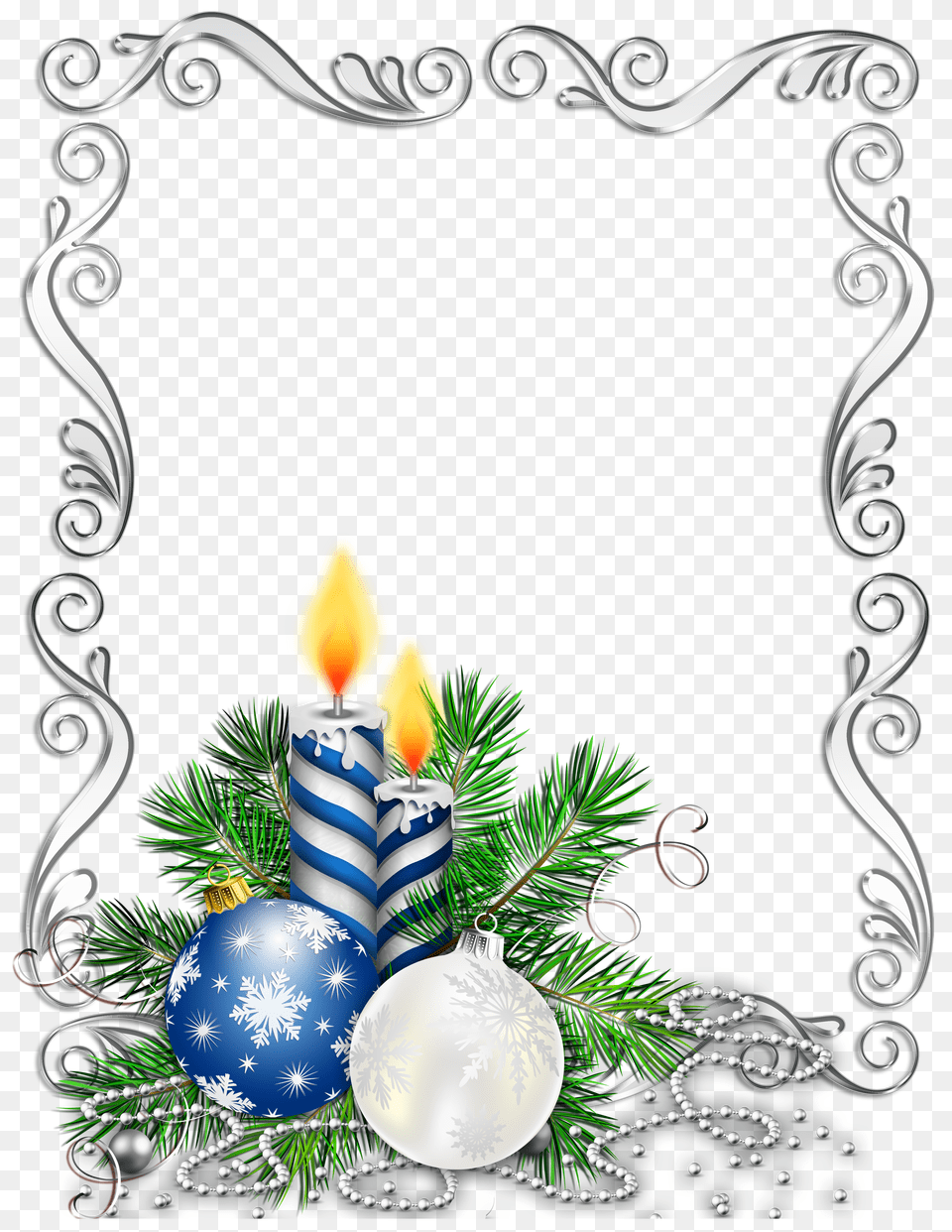 Large Transparent Silver Christmas Photo Frame With Blue Candles Png