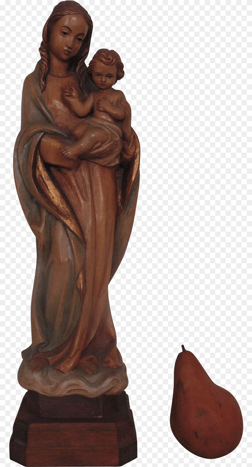 Large Vintage Carved Wood Madonna Virgin Mary Amp Baby Wooden Virgin Mary Statue, Person, Figurine, Produce, Plant Free Png Download