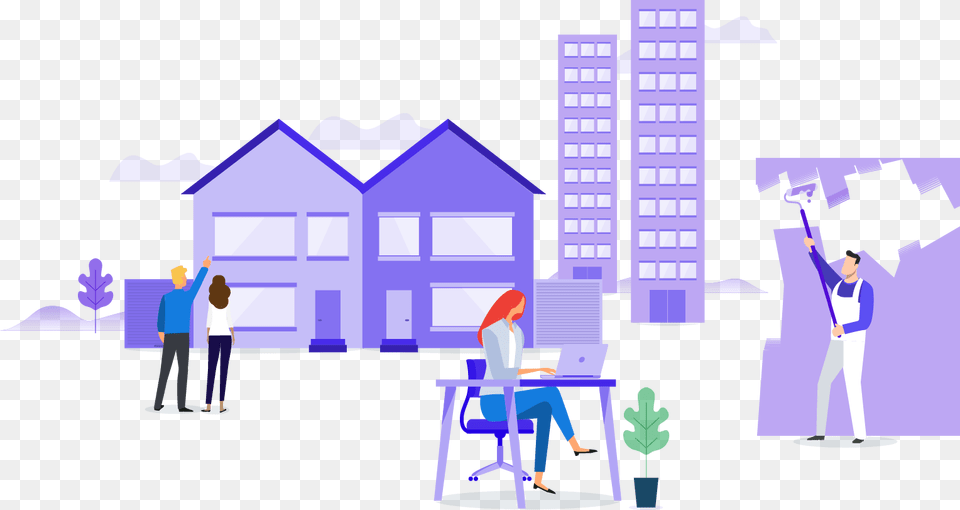 Launch Illustration Social Housing Cartoon, Purple, Neighborhood, Adult, Person Free Png Download