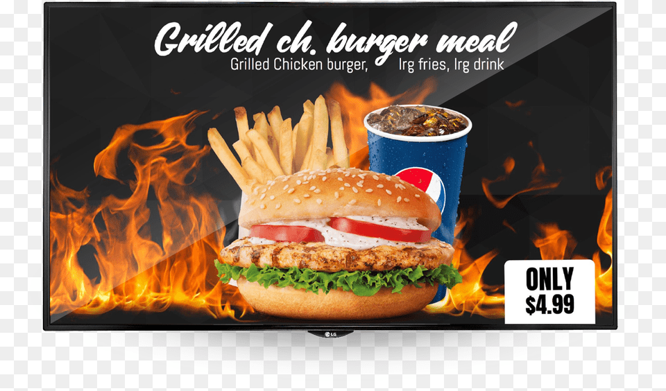 Lcd Showing Food Menu Burger Fries And Drink French Fries, Advertisement, Poster, Lunch, Meal Free Transparent Png