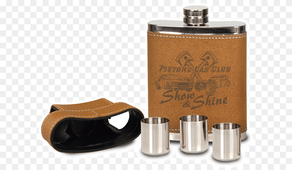 Leather Flask With Lid Amp 3 Shot Glasses Hip Flask, Bottle, Cup, Shaker Free Png Download