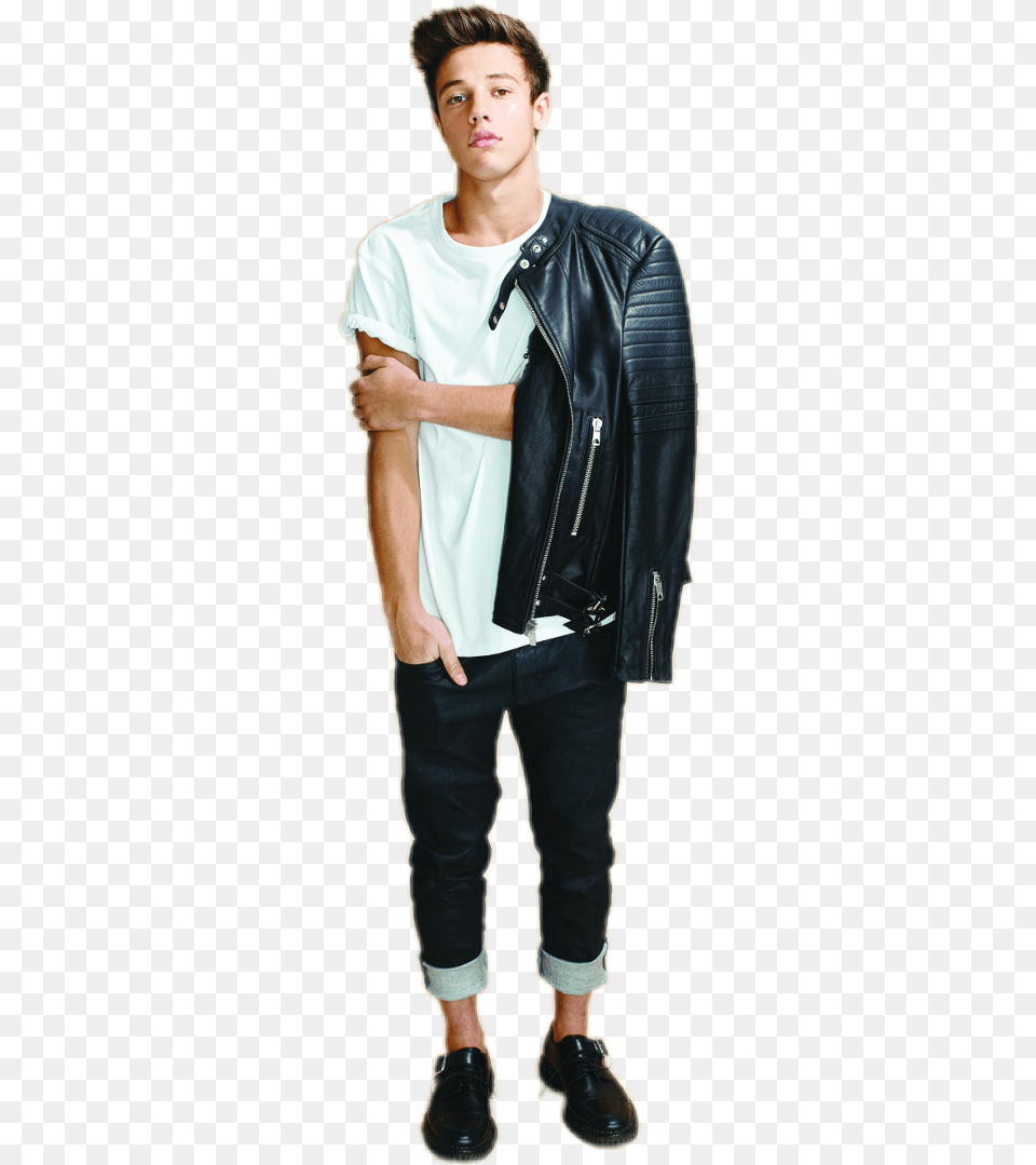 Leather Jacket Download Cameron Dallas Leather Jacket, Clothing, Coat, Boy, Person Png