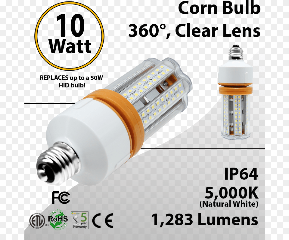 Led Corn Bulb 10 Watt 1283 Lm 5000k E26 Ip64 Etl Dlc 2 Ft Led Tube Light, Electronics, Lightbulb, Smoke Pipe Free Transparent Png