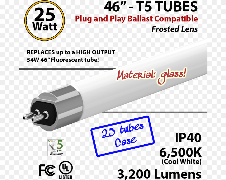 Led T5 Glass Tube Light 25 Watts 6500k Frosted Lens Cable, Smoke Pipe Png