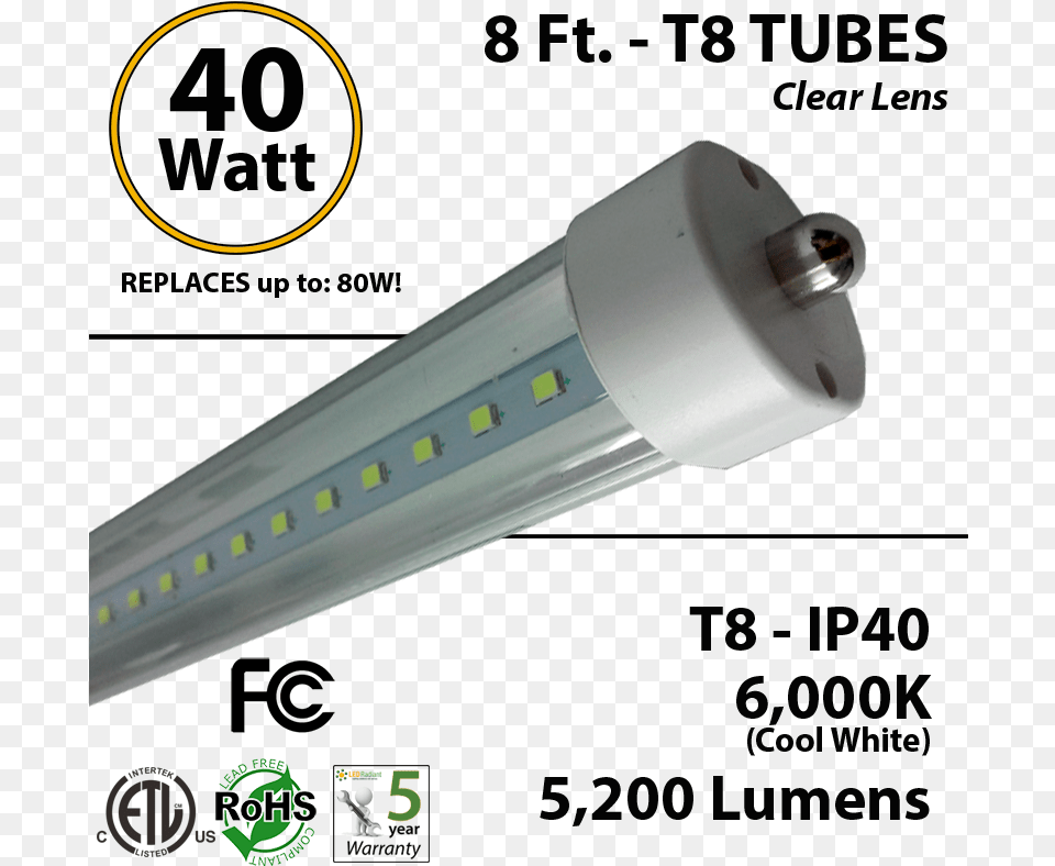 Led Tube 40 Watt 5200lm 6000k Ip40 Clear Lens Fluorescent Lamp 40 Watts, Electronics, Aircraft, Airplane, Transportation Png
