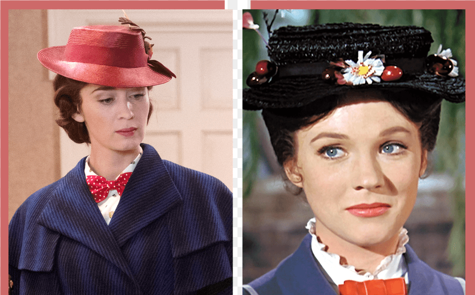 Left Emily Blunt Stars As Mary Poppins In Disney S Julie Andrews Vs Emily Blunt Mary Poppins, Woman, Person, Hat, Female Free Transparent Png