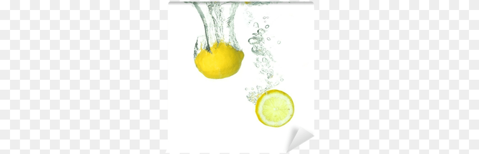 Lemon And A Slice Lemon Falling In Water Wall Mural Water, Citrus Fruit, Food, Fruit, Plant Free Png