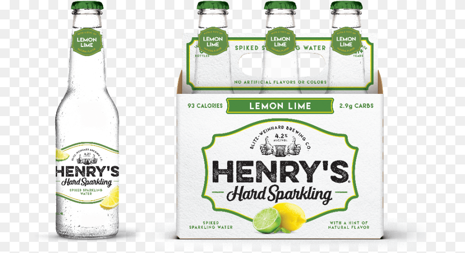 Lemon Lime Henrys Hard Sparkling Water Glass Bottle, Alcohol, Beer, Beverage, Lager Png Image