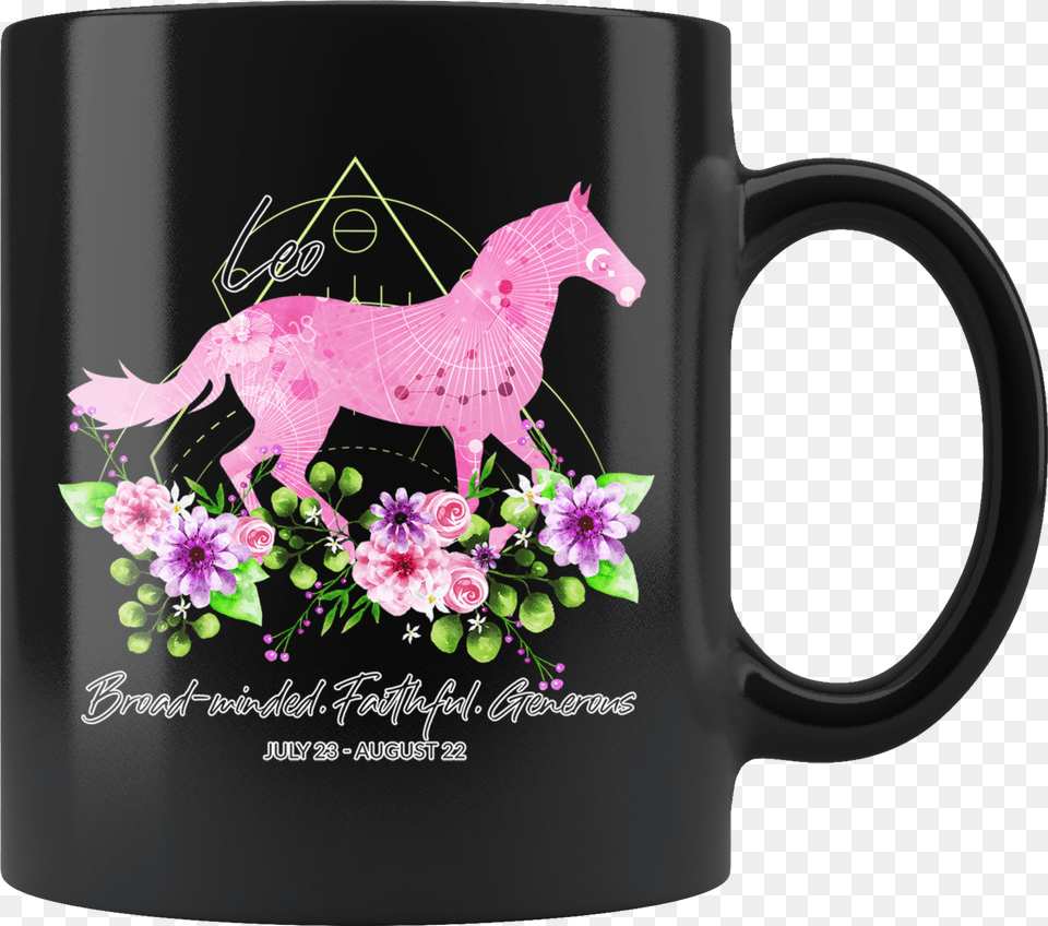 Leo Zodiac Horse Black Mug Mug, Cup, Flower, Plant, Flower Arrangement Png Image