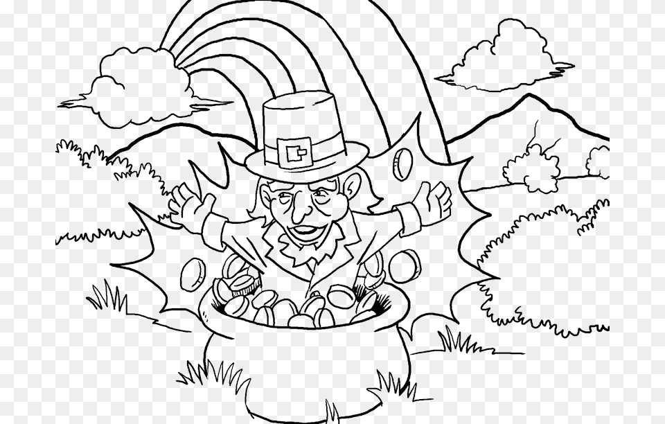 Leprechaun Pot Of Gold Coloring Pages, Art, Drawing, Person Png Image
