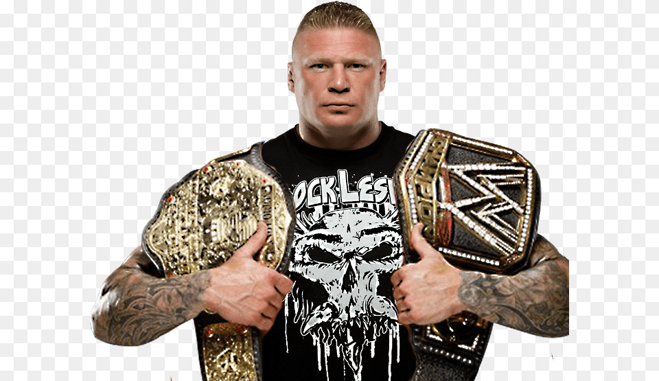 Lesnar And The Belts Wwe Brock Lesnar Wwe World Heavyweight Champion, Accessories, Person, Skin, Tattoo Free Png