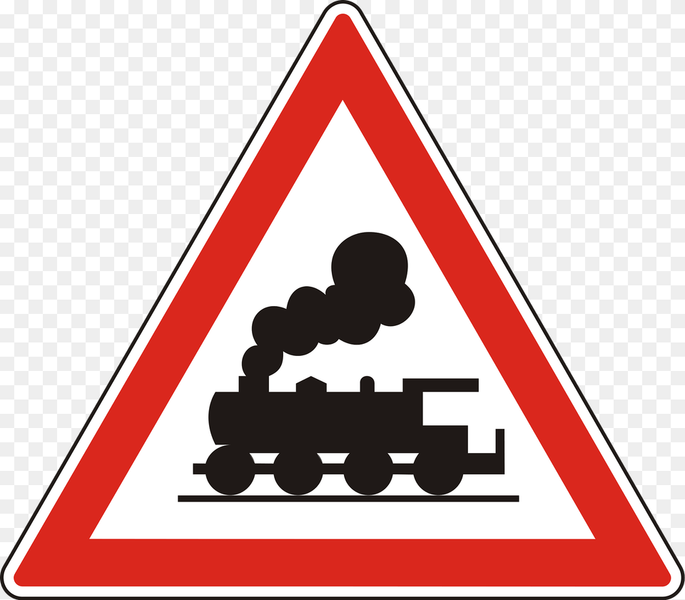 Level Crossing Without Barriers Ahead Sign In Hungary Clipart, Symbol, Triangle, Road Sign, Machine Png