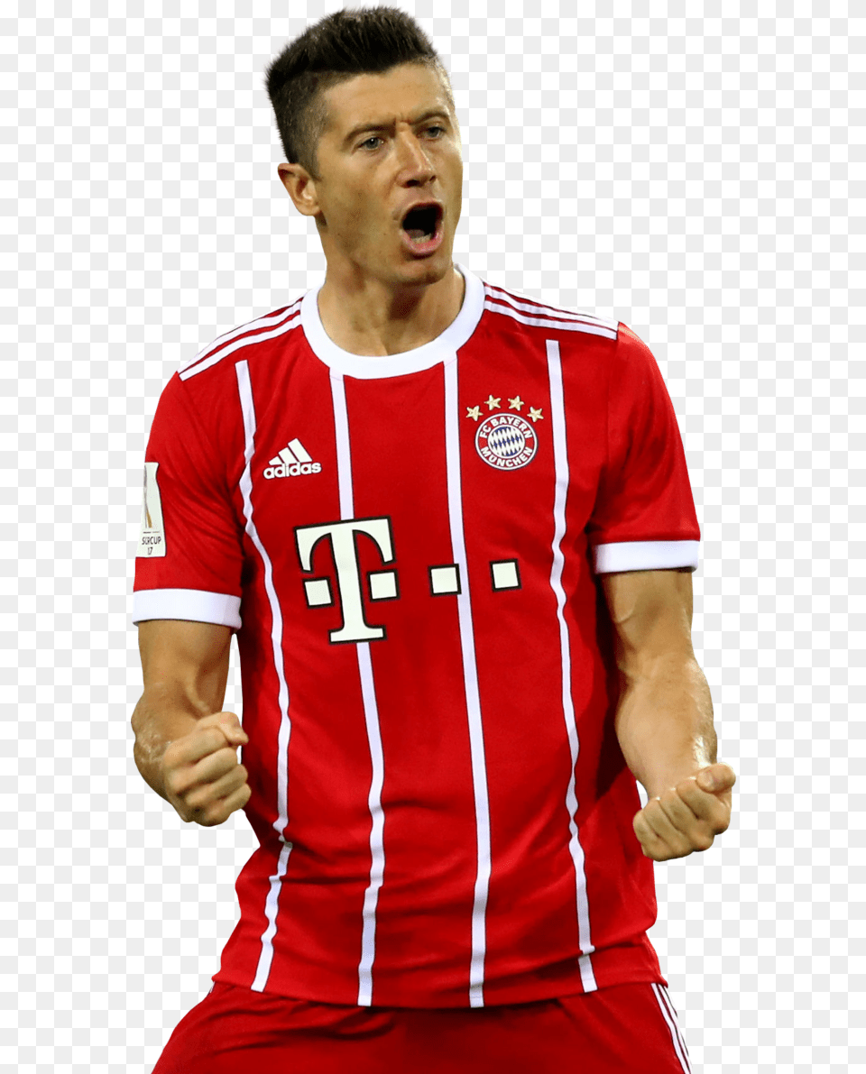 Lewandowski New 2017 18 Home Bayern Munich Muller 25 Ls, Shirt, Person, Clothing, Face Png