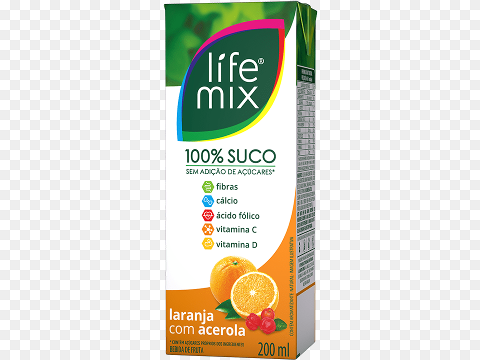 Life Mix Suco 100 Laranja Com Acerola 200 Ml Life Mix Suco, Produce, Plant, Orange, Juice Free Png Download