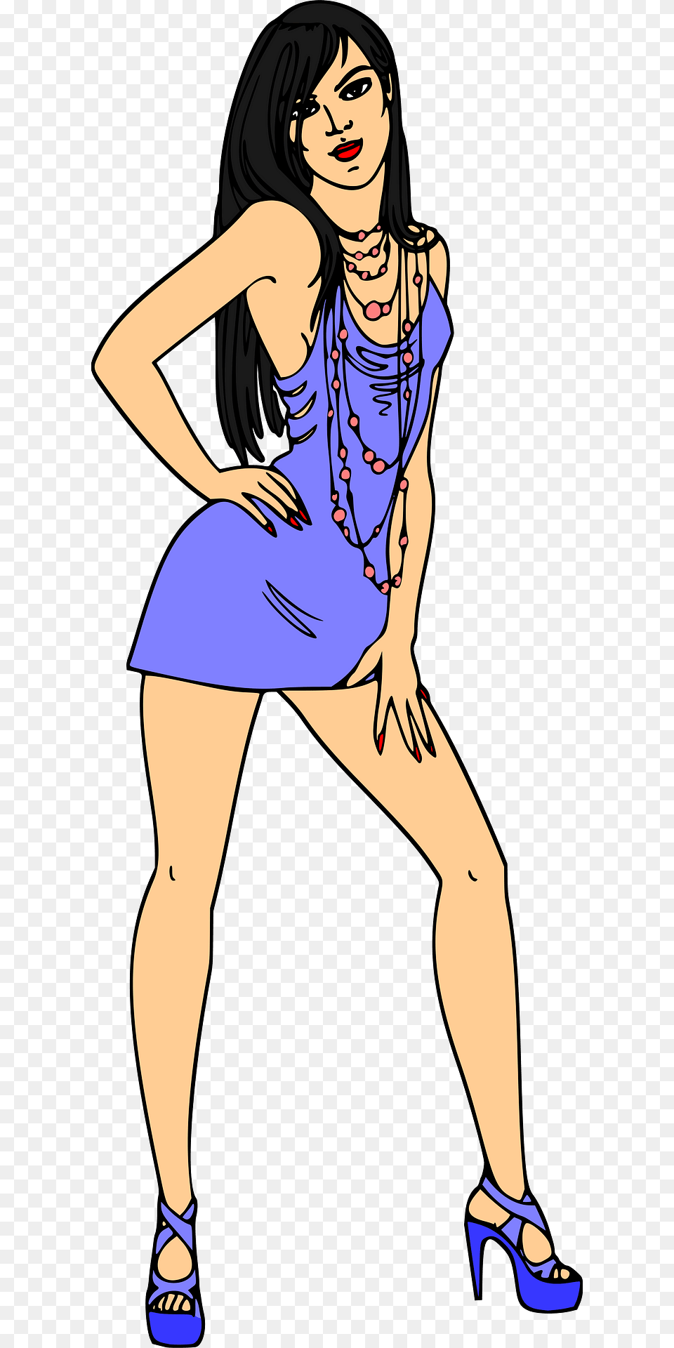 Light Skin Black Haired Woman In Short Blue Dress Clipart, Accessories, Necklace, Jewelry, Shoe Free Png