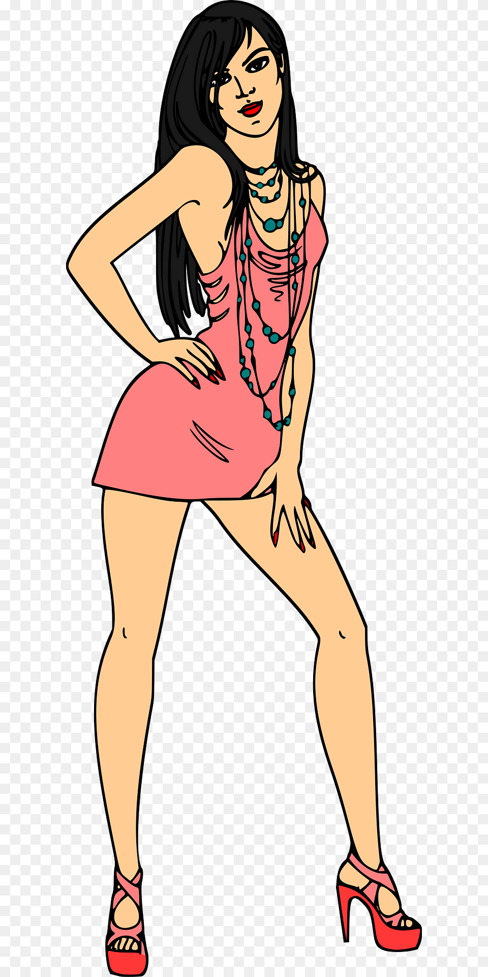Light Skin Black Haired Woman In Short Pink Dress Clipart, Accessories, Necklace, Jewelry, Shoe Png Image