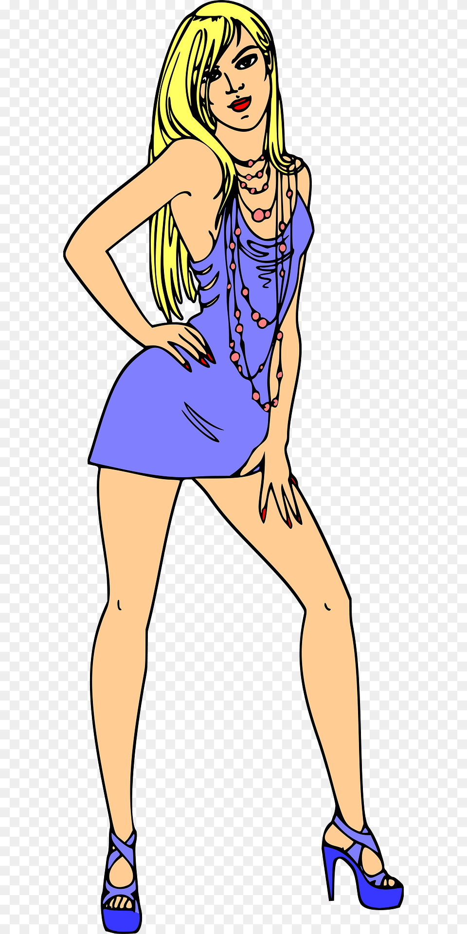 Light Skin Blond Woman In Short Blue Dress Clipart, Accessories, Shoe, Clothing, Necklace Free Transparent Png