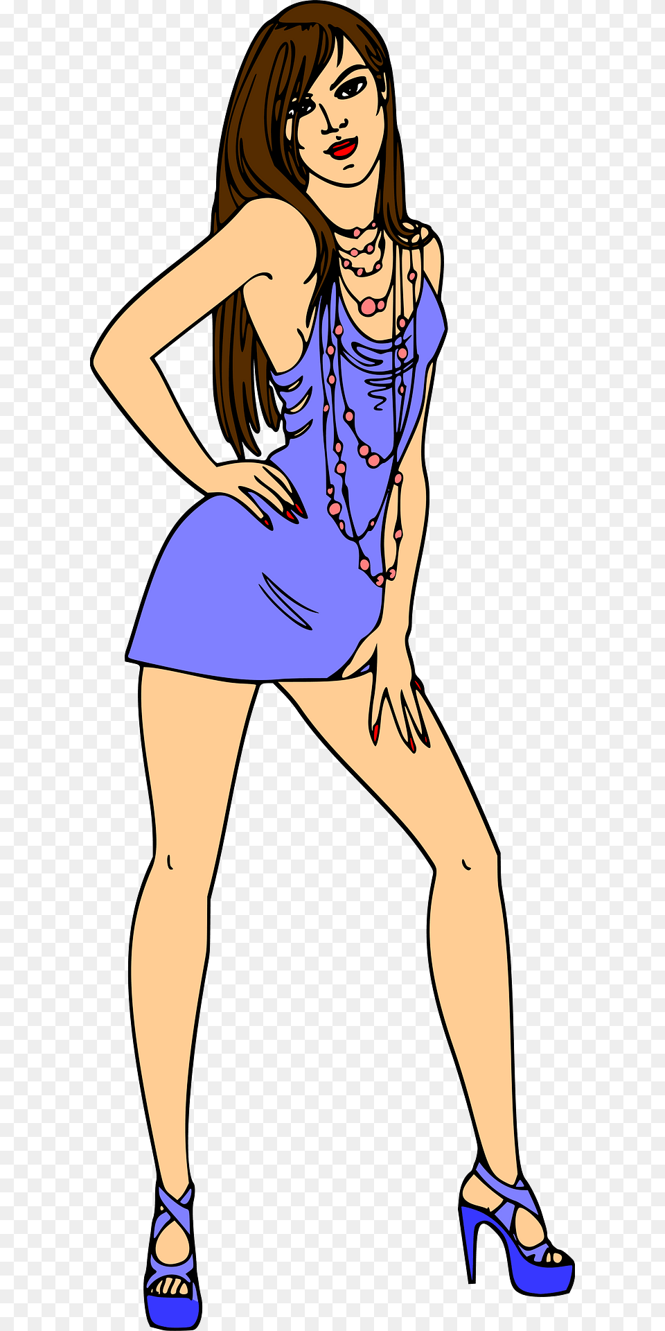 Light Skin Brown Haired Woman In Short Blue Dress Clipart, Accessories, Shoe, Clothing, Necklace Free Png Download