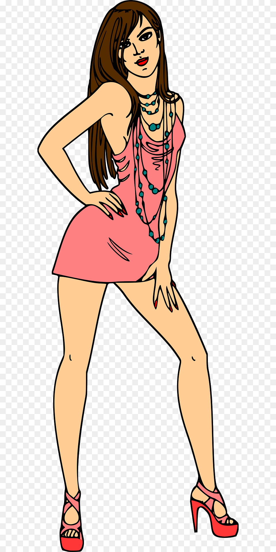 Light Skin Brown Haired Woman In Short Pink Dress Clipart, Accessories, Shoe, Clothing, Necklace Free Png
