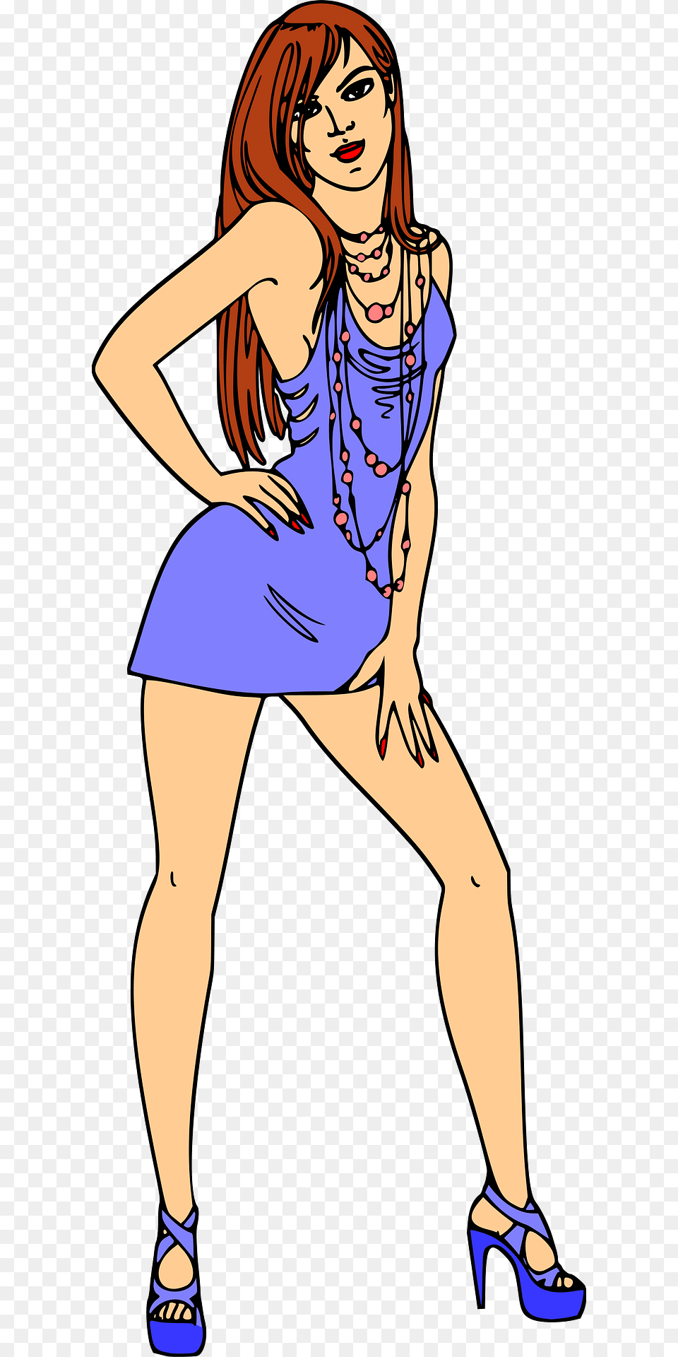 Light Skin Red Haired Woman In Short Blue Dress Clipart, Accessories, Shoe, Necklace, Jewelry Png Image