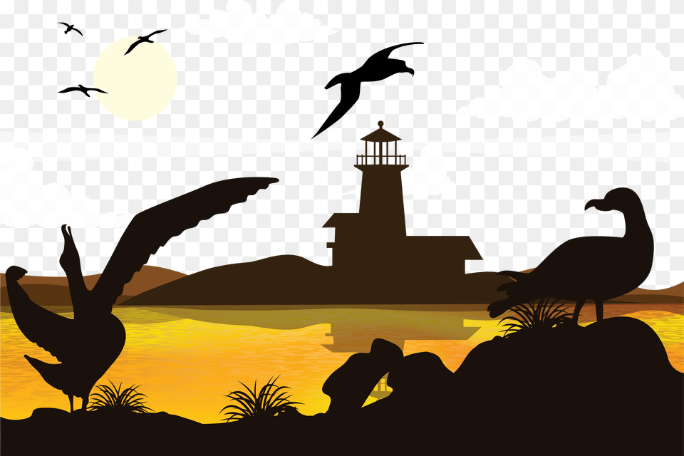 Lighthouse Sunset Silhouette Animal, Bird, Outdoors Free Png Download