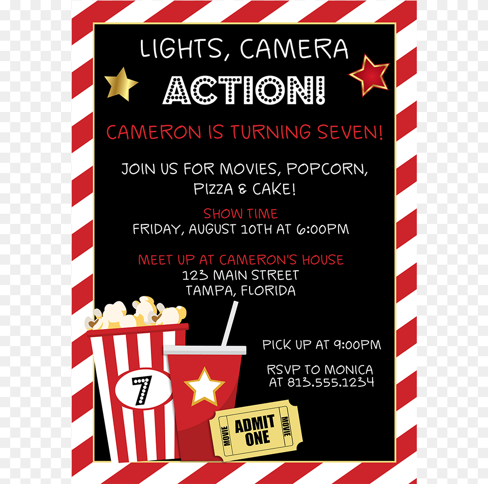 Lights Camera Action Birthday Party Invitation Card Movie Birthday Party Invitations, Advertisement, Poster Free Transparent Png