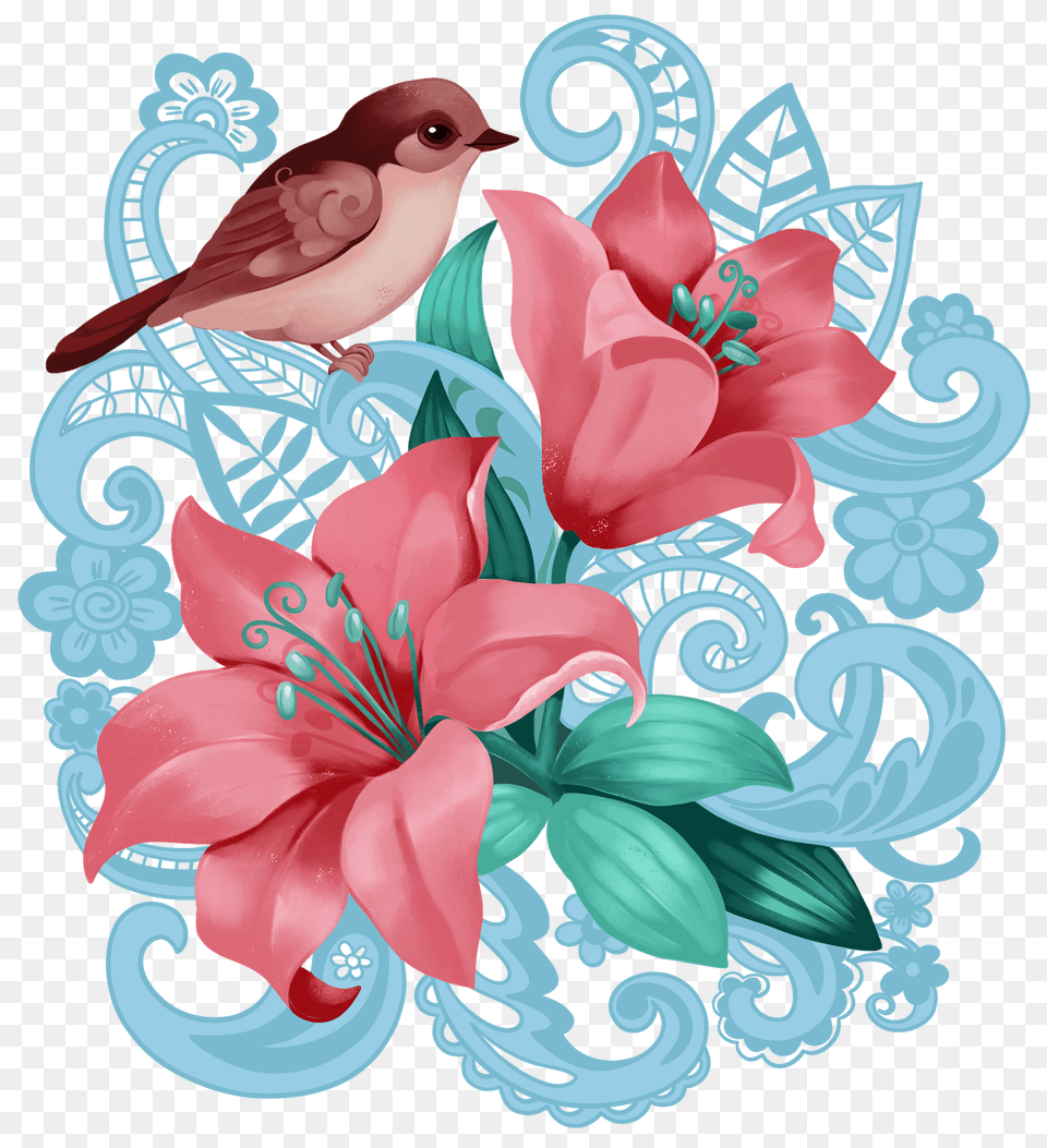 Lilies And Bird Clipart, Art, Floral Design, Graphics, Pattern Free Png