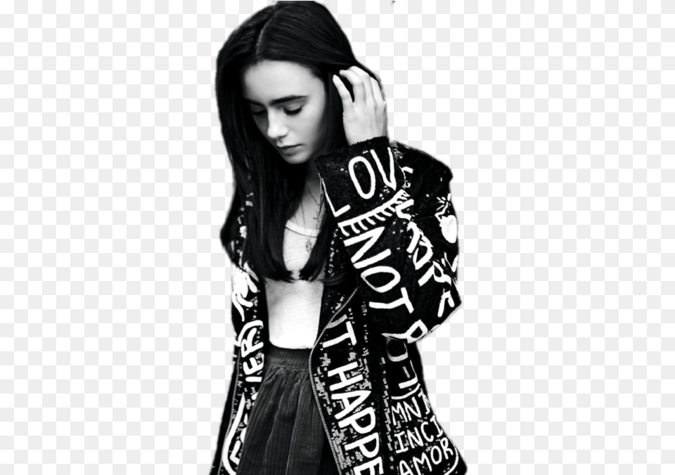 Lily Collins And Black And White Image Lily Collins Hd Iphone, Portrait, Clothing, Coat, Face Free Transparent Png