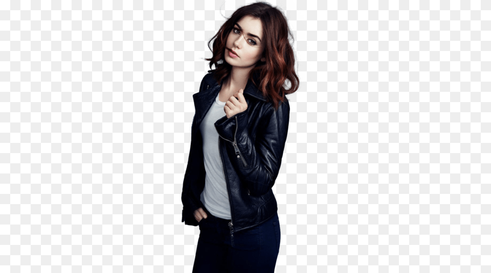 Lily Collins By Eosgoeswild Lily Collins Auburn Hair, Clothing, Coat, Jacket, Leather Jacket Free Png