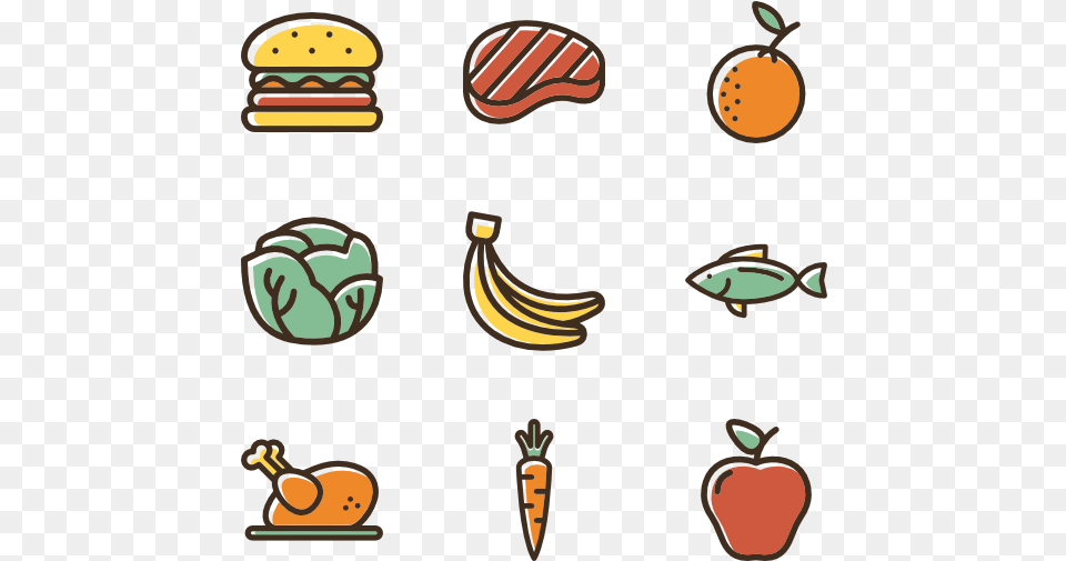 Linear Color Food Set Healthy Food Vector, Banana, Fruit, Plant, Produce Free Transparent Png