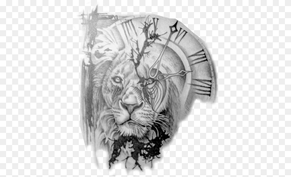 Lion And Clock Tattoo Design, Art, Person, Skin, Drawing Free Png