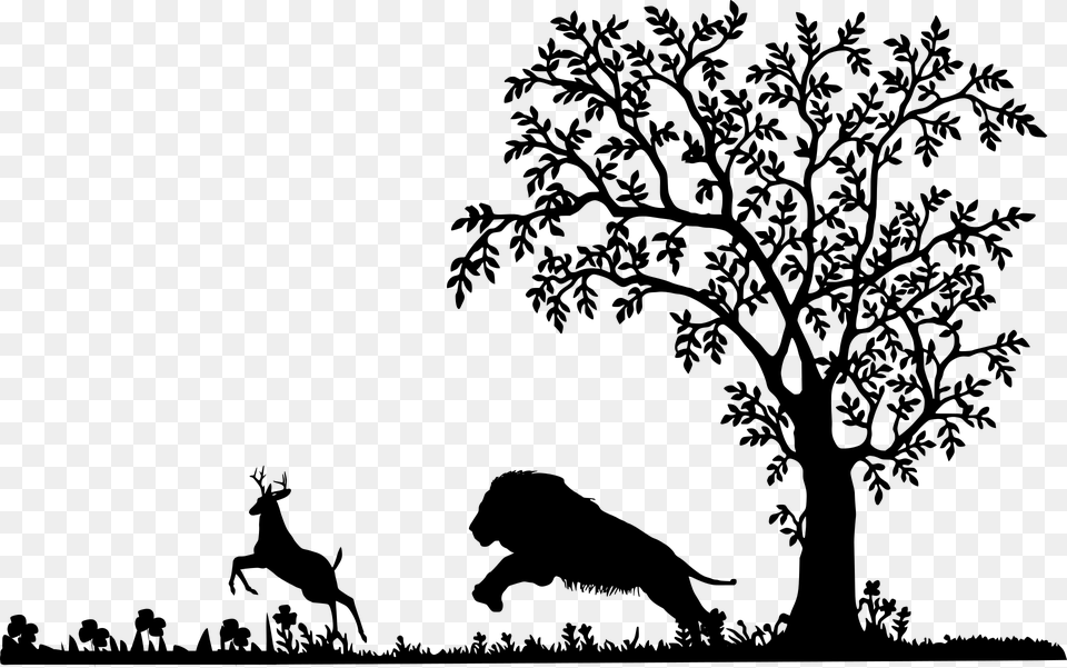 Lion Attack Deer Silhouette Mammal Wildlife Tree Clip Art Black And White, Gray Free Transparent Png