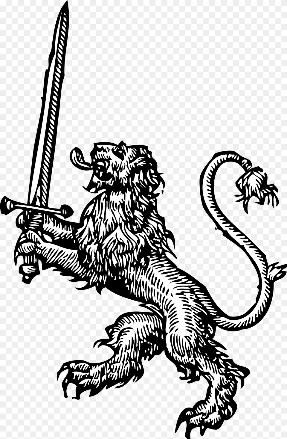 Lion With Sword Black White Line Art Tatoo Tattoo Svg Lion Rampant With Sword, Animal, Dinosaur, Reptile, Drawing Png Image