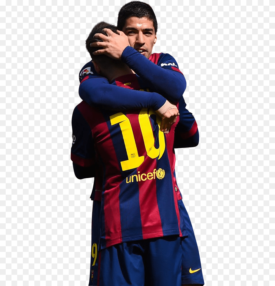 Lionel Messi Amp Luis Suarezrender Barcelona, Hugging, Person, Adult, Male Free Transparent Png
